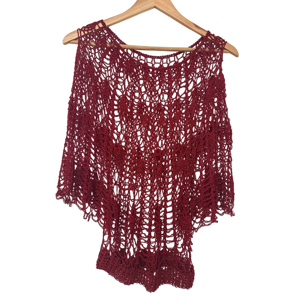 Crochet Knit Ponho Top Red Boho Open Weave Layering Cover Up Festival Crochet